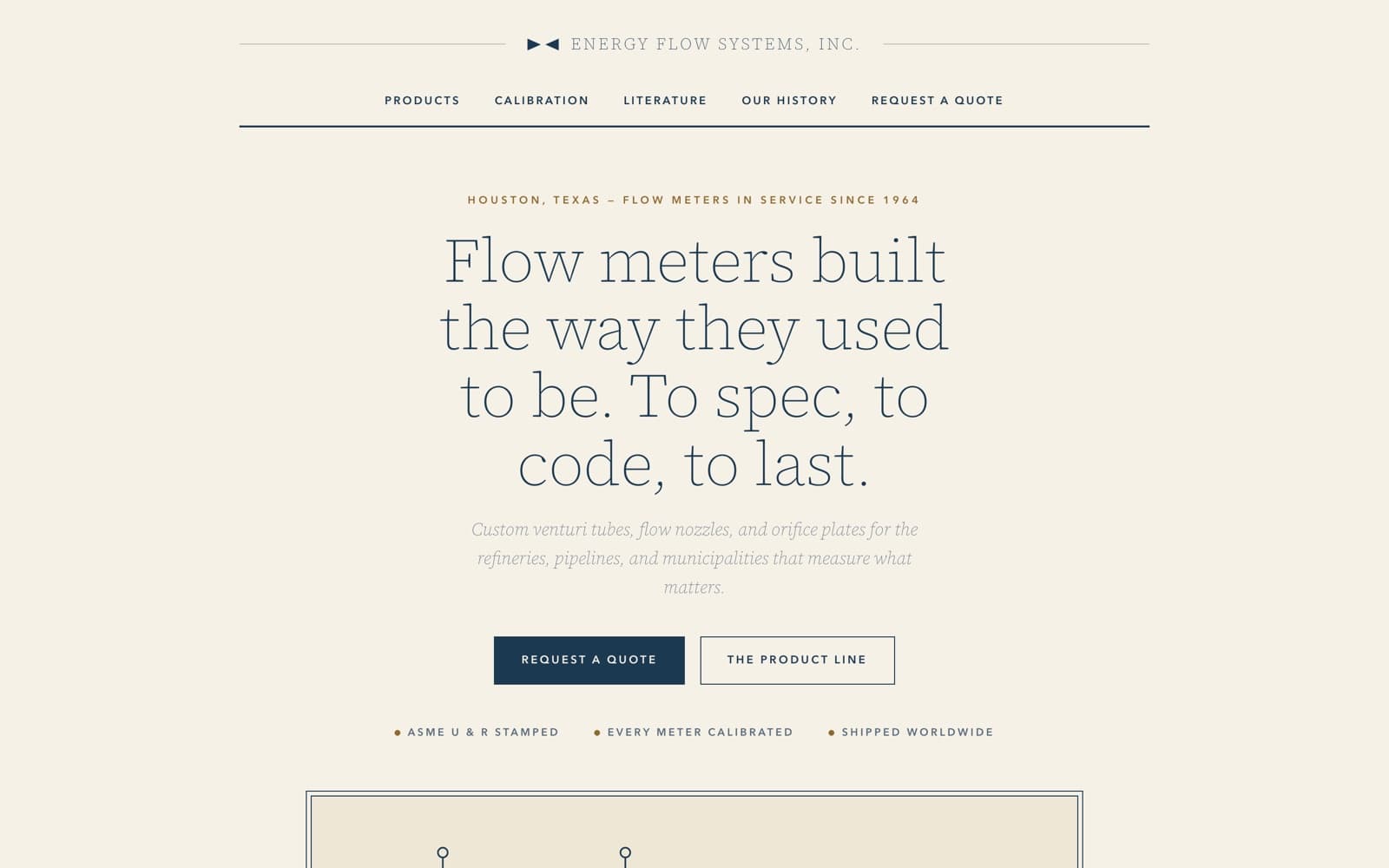 The Energy Flow Systems homepage: a cream editorial design with the serif headline 'Flow meters built the way they used to be. To spec, to code, to last.'