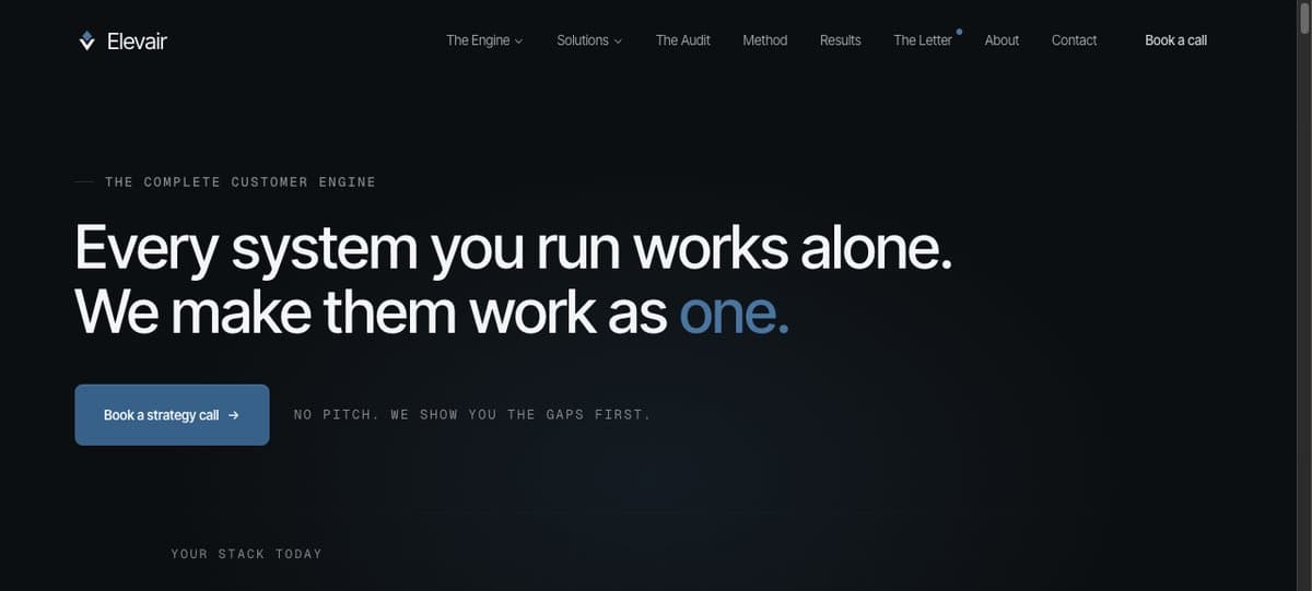 The Elevair product homepage, a dark site whose headline reads that every system you run works alone, and Elevair makes them work as one.