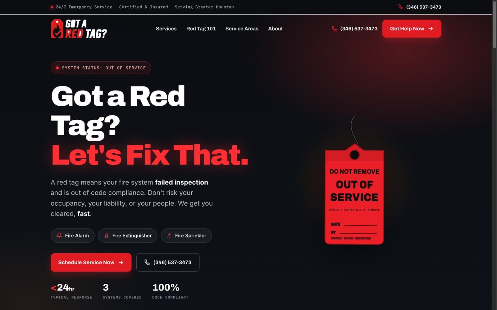 The gotaredtag.com homepage: a dark red design reading 'Got a Red Tag? Let's Fix That.' beside a graphic of an out-of-service fire-inspection tag.