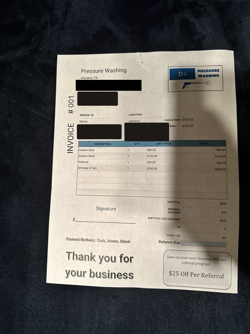 A DJ Pressure Washing invoice from April 2023, with a deck, fence, walkway, and driveway itemized by hand. The customer's name, address, and contact details are blacked out.