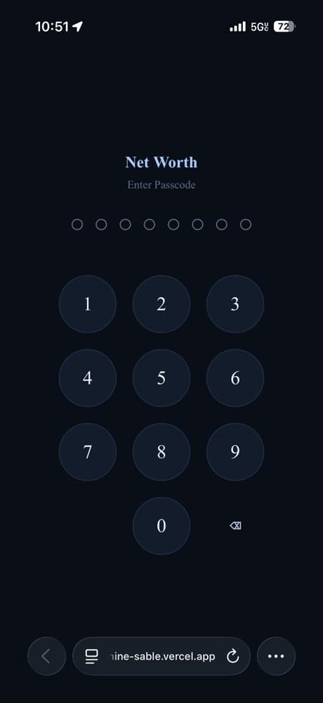 The net-worth tracker app open to its passcode lock screen, a numeric keypad. No financial data is shown.