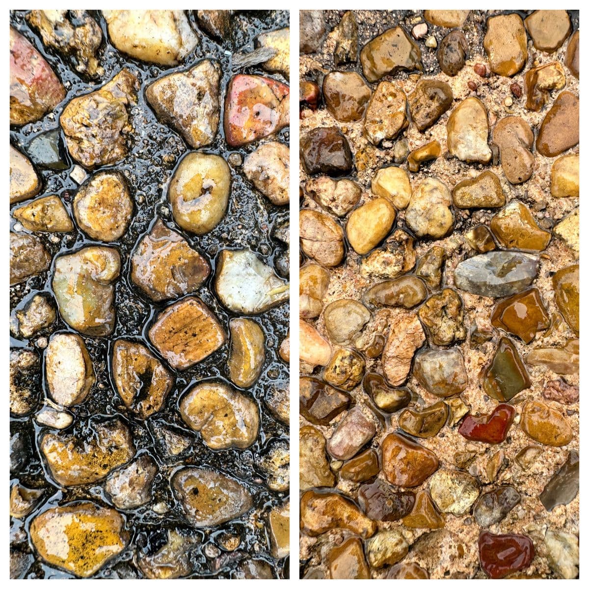 Exposed-aggregate concrete shown before and after cleaning, dark and dirty on the left, the stones bright and clean on the right.