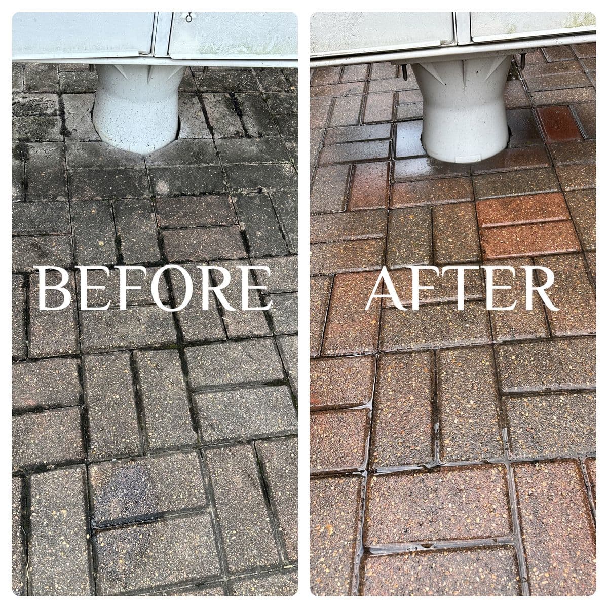 A brick paver patio shown before and after cleaning, dark and stained on one side, clean red brick on the other.